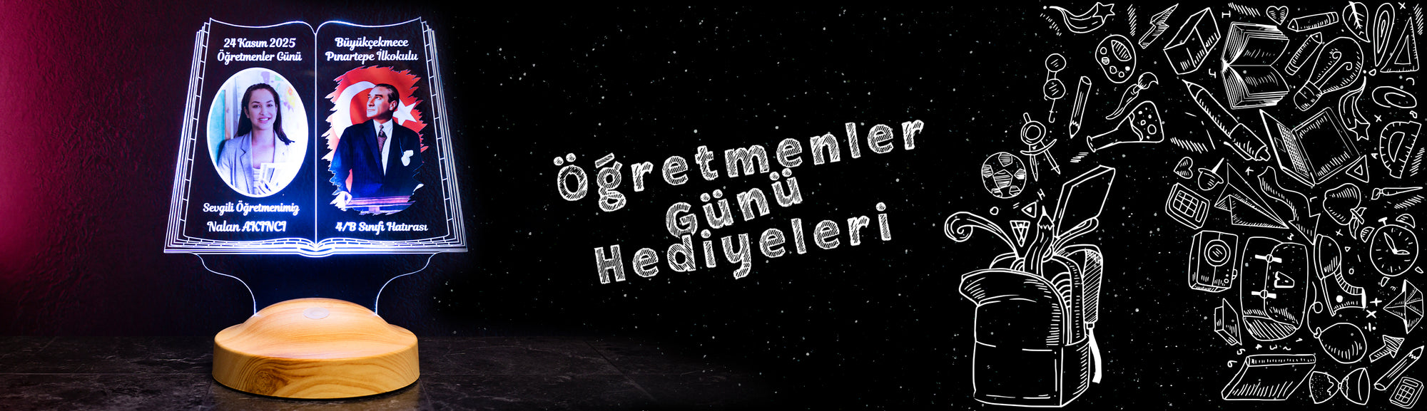 Kitap şeklinde tasarlanmış, öğretmen resmi ve Atatürk portresi bulunan kişiselleştirilebilir Öğretmenler Günü LED lamba