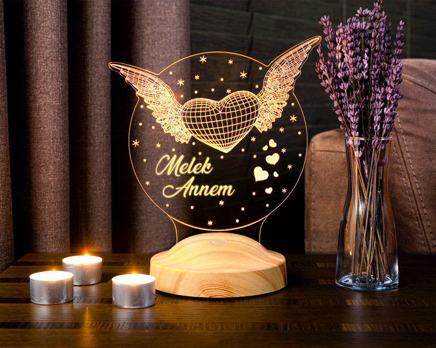 Anneye Hediye, Anneler Günü Özel Melek Annem 3D Led Lamba, Melek Kanatlı Anneler Günü Hediyesi