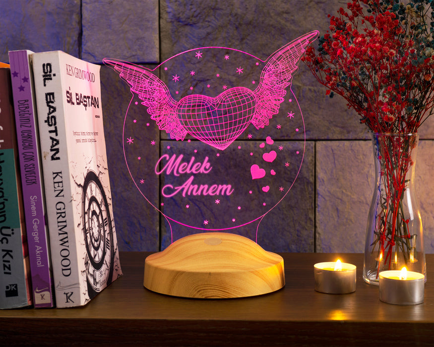 Anneye Hediye, Anneler Günü Özel Melek Annem 3D Led Lamba, Melek Kanatlı Anneler Günü Hediyesi
