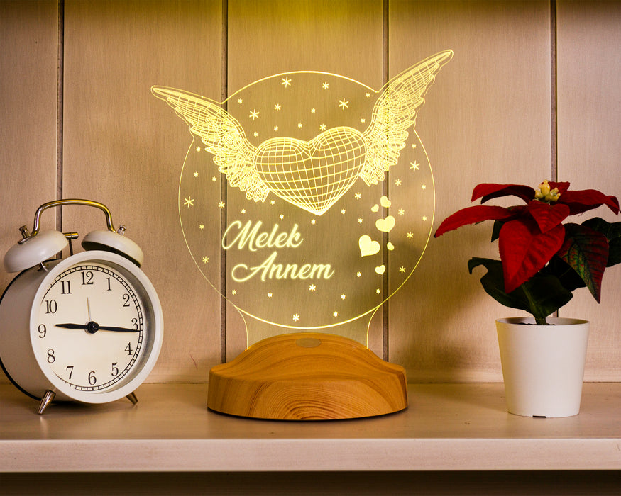 Anneye Hediye, Anneler Günü Özel Melek Annem 3D Led Lamba, Melek Kanatlı Anneler Günü Hediyesi