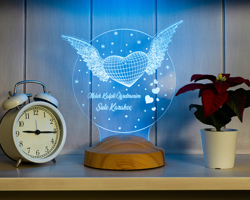 Öğretmen Hediyesi, Öğretmenler Günü Hediyesi Kişiye Özel Kanatlı Kalp Led Lamba