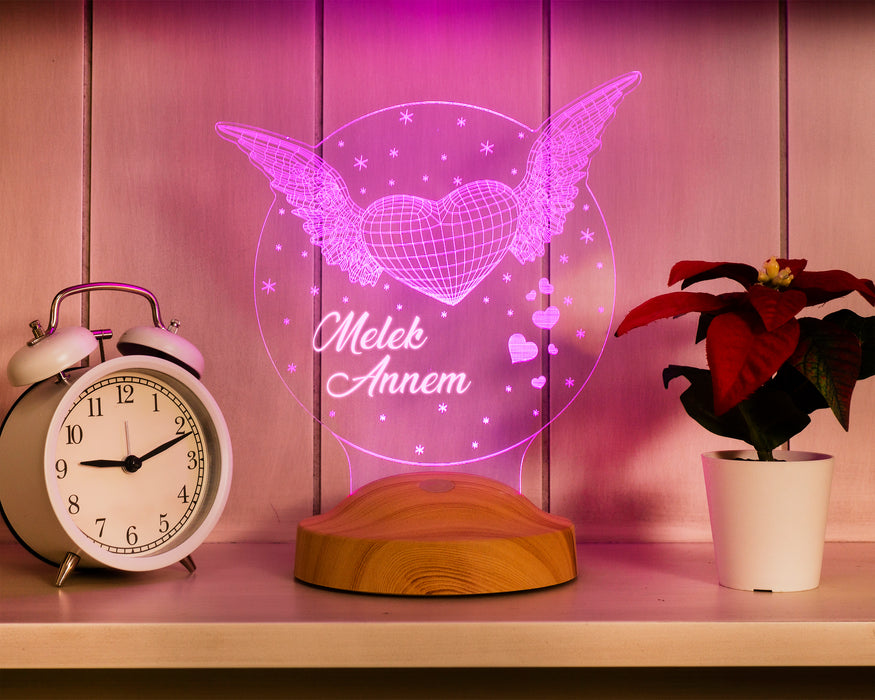 Anneye Hediye, Anneler Günü Özel Melek Annem 3D Led Lamba, Melek Kanatlı Anneler Günü Hediyesi