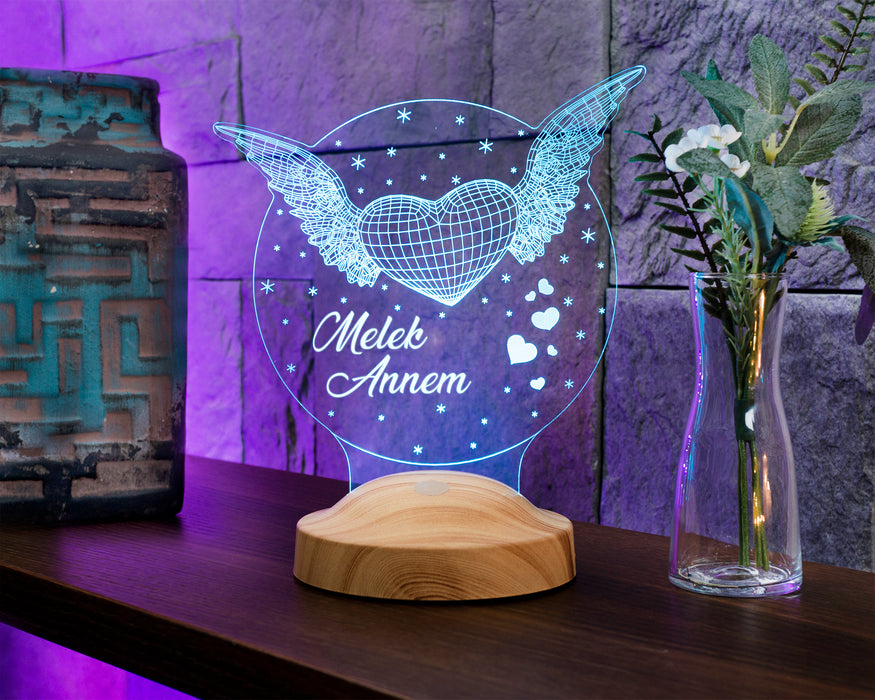Anneye Hediye, Anneler Günü Özel Melek Annem 3D Led Lamba, Melek Kanatlı Anneler Günü Hediyesi