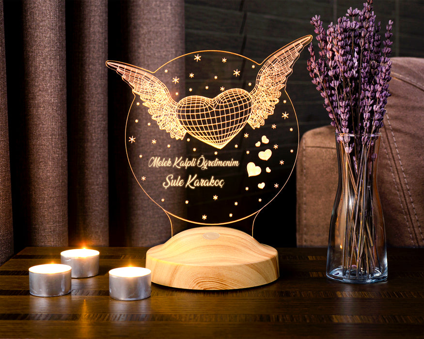 Öğretmen Hediyesi, Öğretmenler Günü Hediyesi Kişiye Özel Kanatlı Kalp Led Lamba