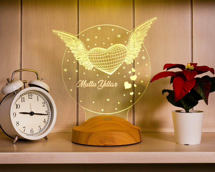 Yeni Yıl Hediyesi Kişiye Özel Kanatlı Kalp Led Lamba