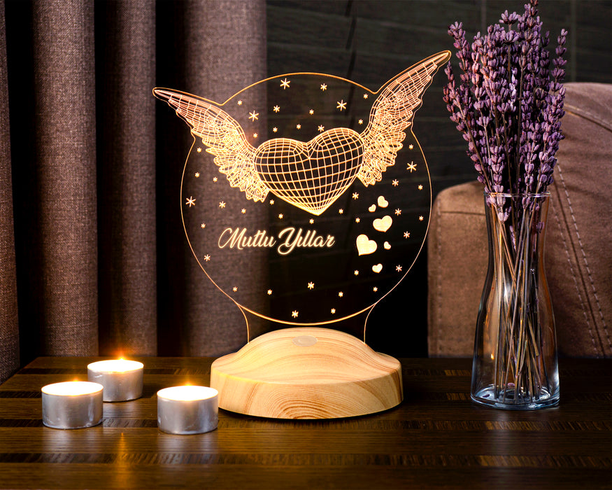 Yeni Yıl Hediyesi Kişiye Özel Kanatlı Kalp Led Lamba