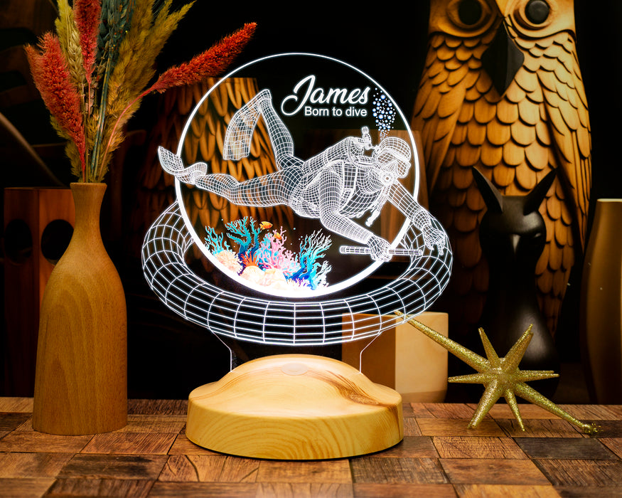 Dalgıç Hediyesi, Balık Adam Hediyesi 3D Led Lamba, Kişiye Özel 3D Led Lamba Scuba Diving Dalgıç Tasarımlı Lamba