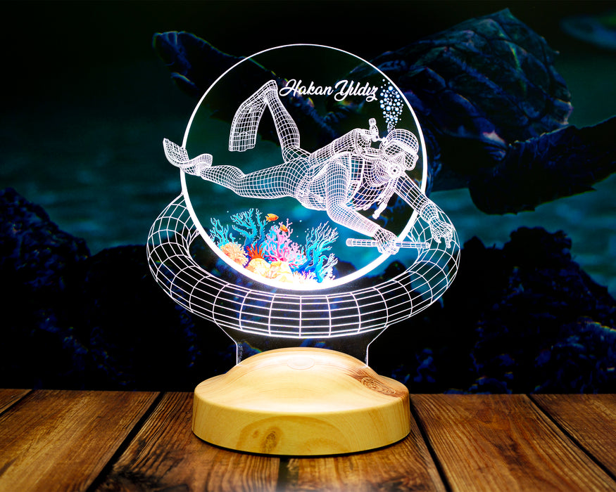 Dalgıç Hediyesi, Balık Adam Hediyesi 3D Led Lamba, Kişiye Özel 3D Led Lamba Scuba Diving Dalgıç Tasarımlı Lamba