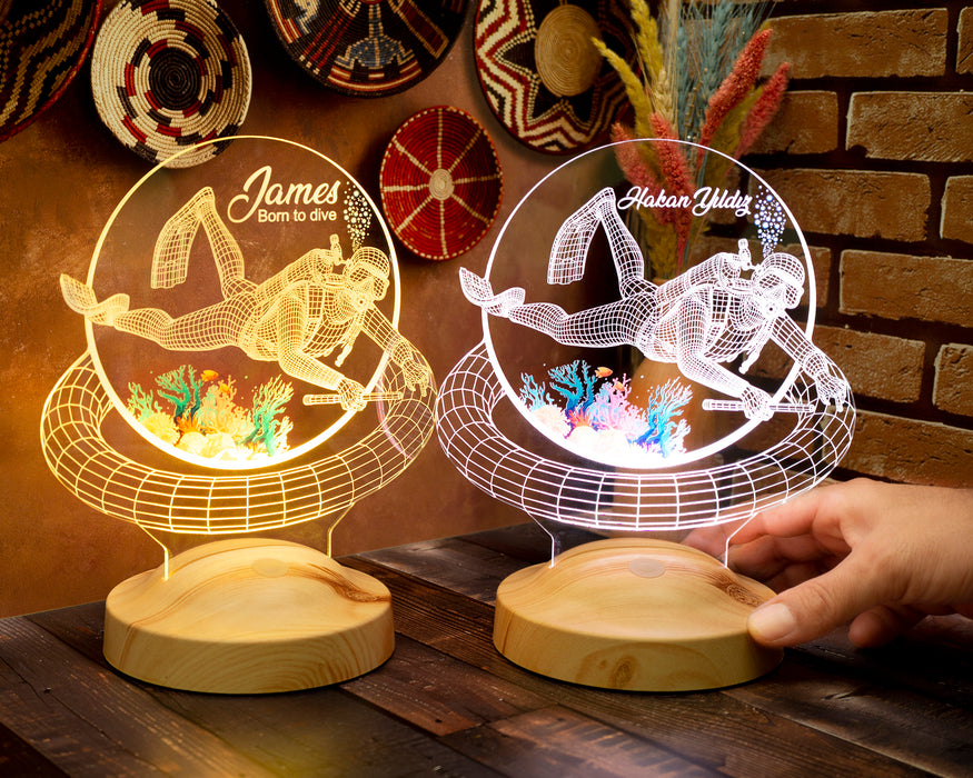 Dalgıç Hediyesi, Balık Adam Hediyesi 3D Led Lamba, Kişiye Özel 3D Led Lamba Scuba Diving Dalgıç Tasarımlı Lamba