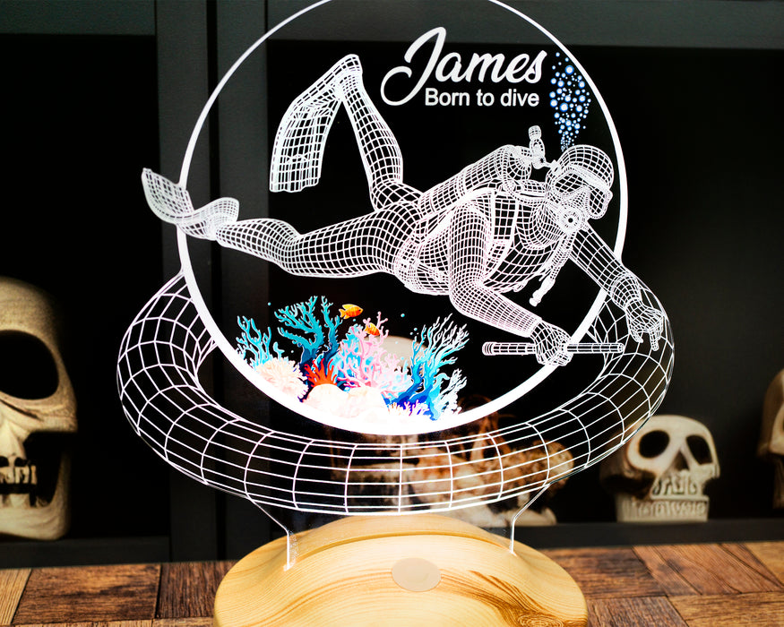 Dalgıç Hediyesi, Balık Adam Hediyesi 3D Led Lamba, Kişiye Özel 3D Led Lamba Scuba Diving Dalgıç Tasarımlı Lamba