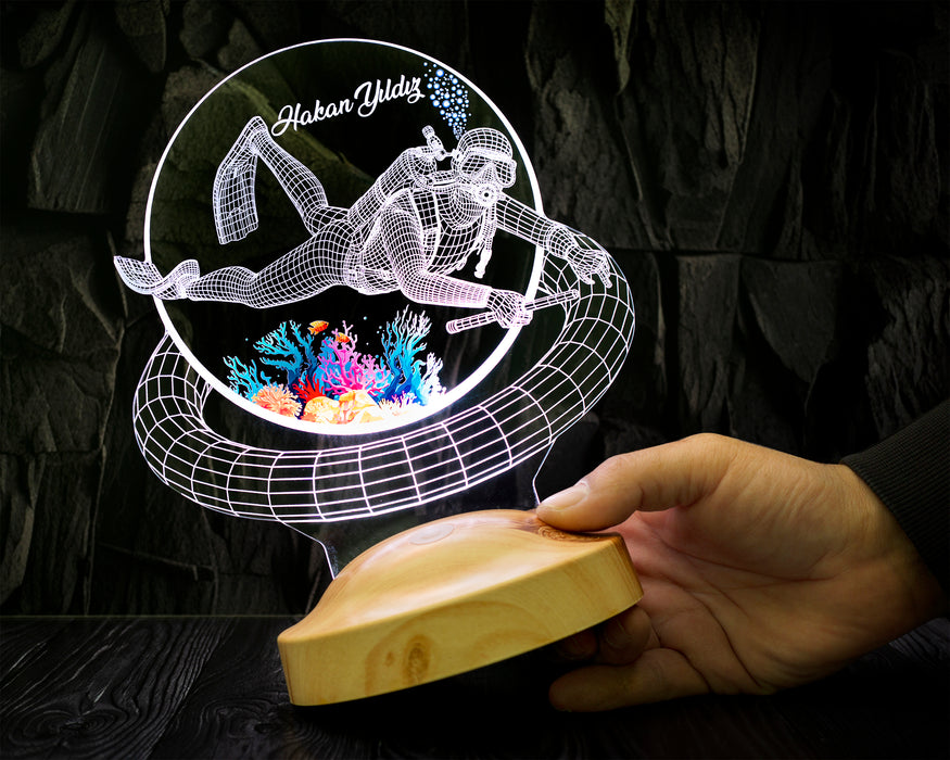 Dalgıç Hediyesi, Balık Adam Hediyesi 3D Led Lamba, Kişiye Özel 3D Led Lamba Scuba Diving Dalgıç Tasarımlı Lamba