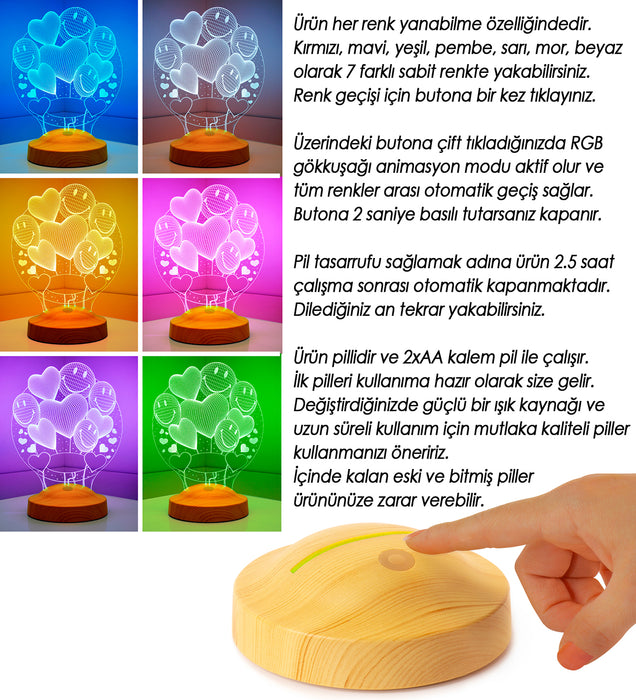 3D Smiley ve Kalpli LED Lamba – Sevgiliye Doğum Günü Hediyesi