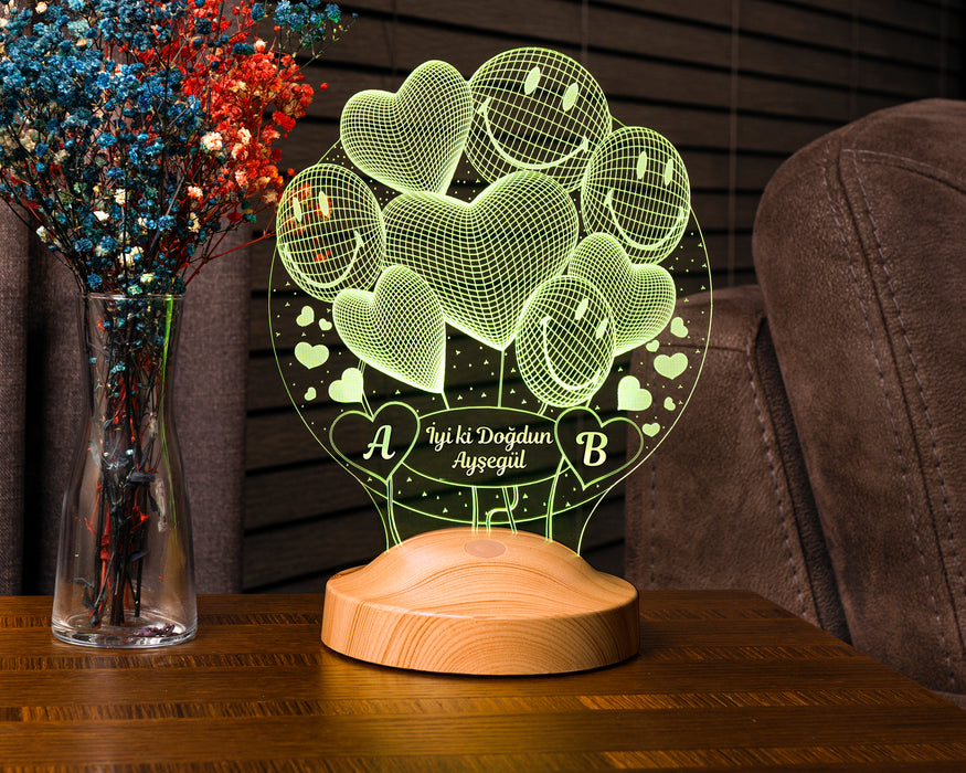 3D Smiley ve Kalpli LED Lamba – Sevgiliye Doğum Günü Hediyesi