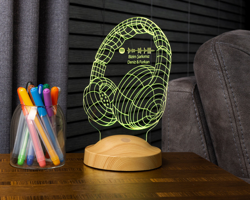 Doğum Günü Hediyesi Spotify Barkod Paylaşımlı Kulaklık Şeklinde Kişiye Özel 3D LED Lamba