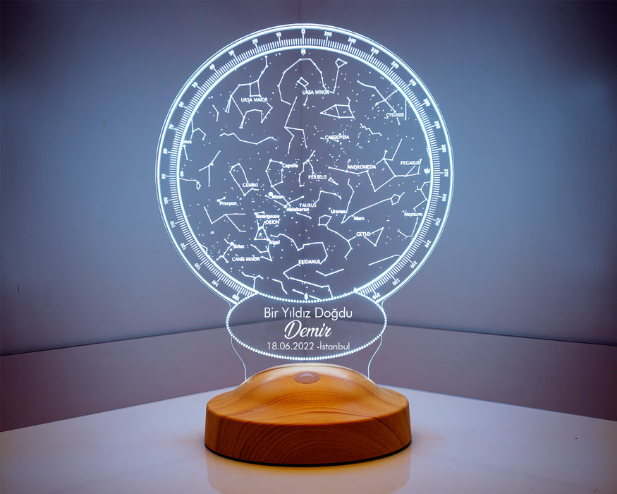 Kişiye Özel Hediyelik Bebek Doğum Günü Gökyüzü Yıldız Haritası Led Lamba