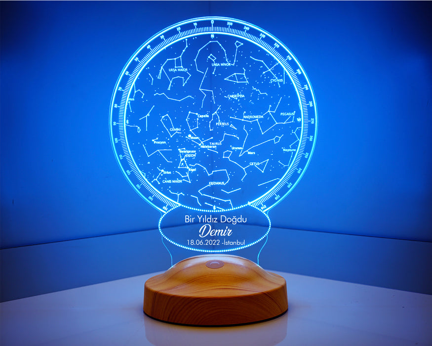 Kişiye Özel Hediyelik Bebek Doğum Günü Gökyüzü Yıldız Haritası Led Lamba