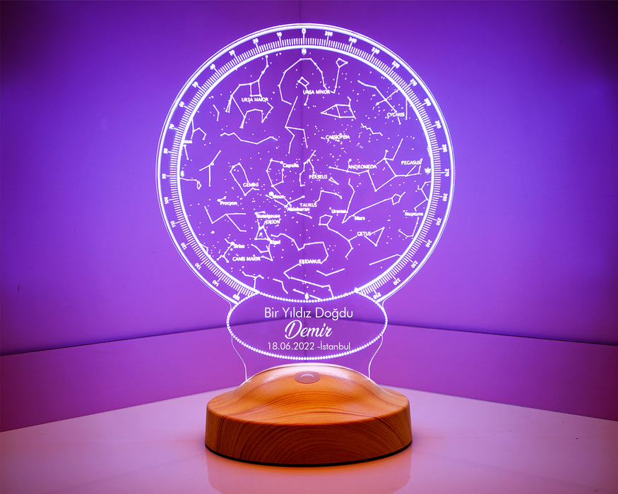 Kişiye Özel Hediyelik Bebek Doğum Günü Gökyüzü Yıldız Haritası Led Lamba