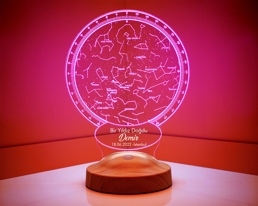 Kişiye Özel Hediyelik Bebek Doğum Günü Gökyüzü Yıldız Haritası Led Lamba