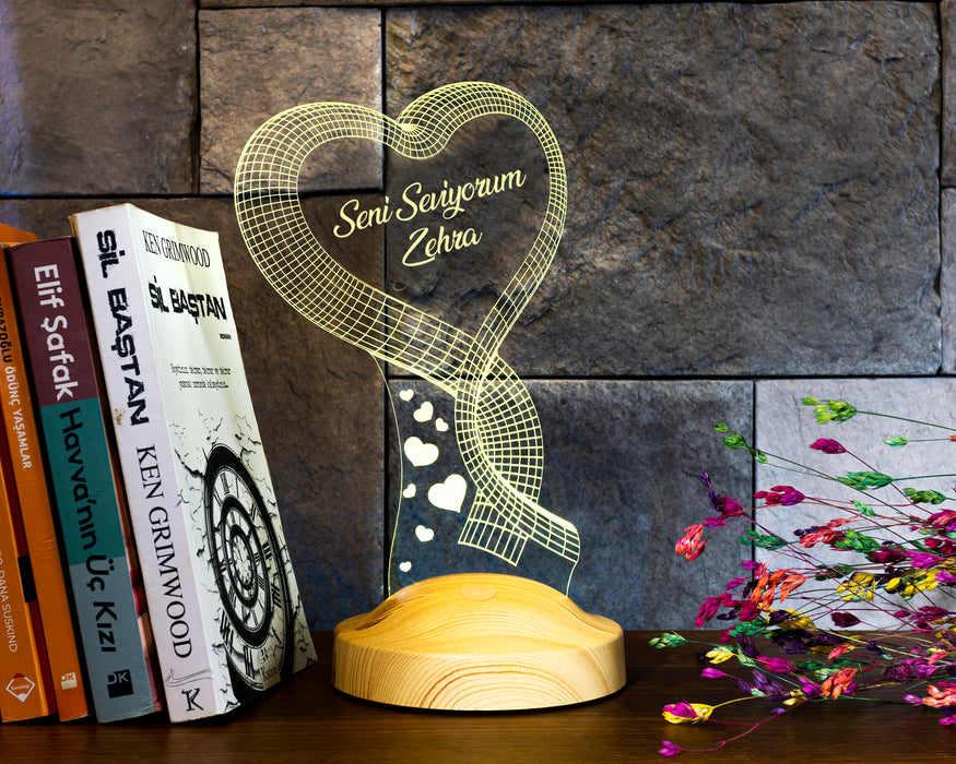 Kişiye Özel Tek Kalp Sevgiliye Kalpli Hediye, Seni Seviyorum Hediyesi, 3 Boyutlu Led Lamba