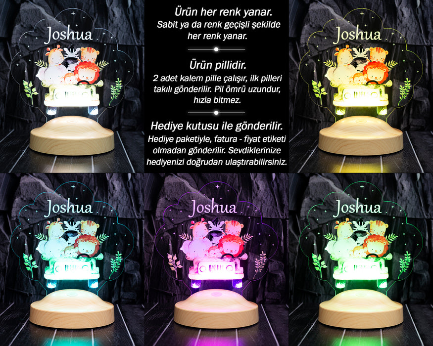 Safari Temalı Çocuk Doğum Günü Gece Lambası, Safari Temalı Jip Arabalı Parti Hediye Led Lamba, Sevimli Hayvanlar Bebek Gece Lambası