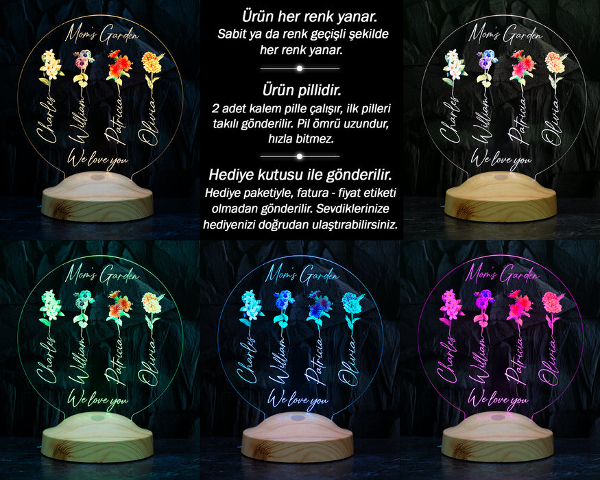 Annemin Bahçesi – Kişiye Özel Çiçekli Anneler Günü Hediyesi LED Lamba | Anneye & Kayınvalideye Hediye