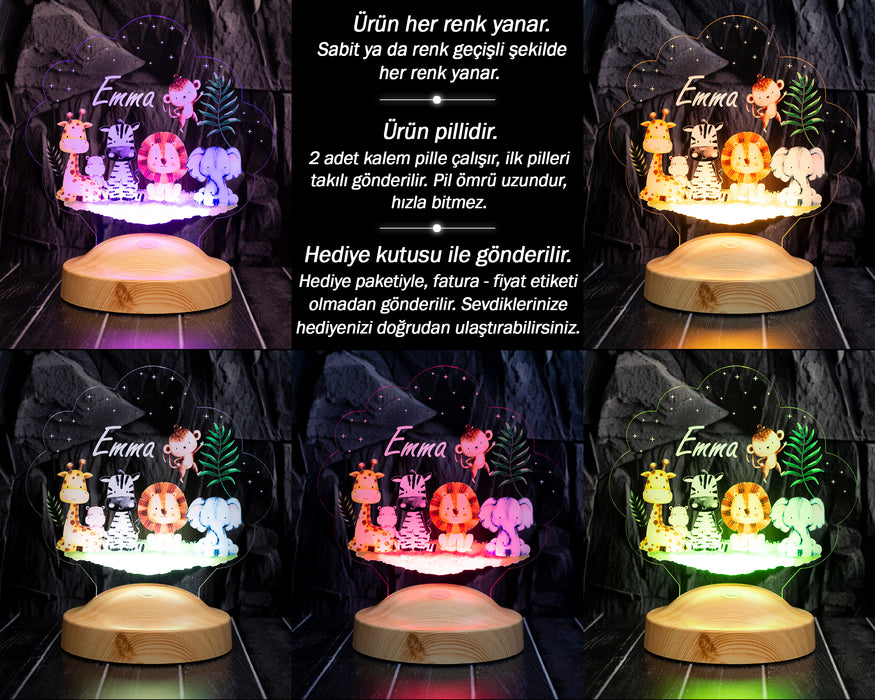 Safari Konseptli LED Lamba – Hayvan Figürlü Çocuk Hediyesi