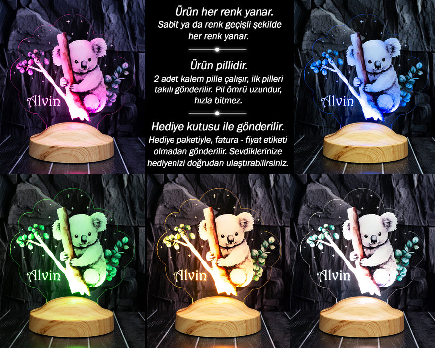 Koala Figürlü LED Lamba – İsimli Bebek Doğum Günü Hediyesi