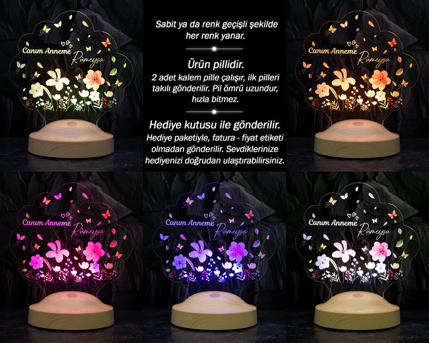 Canım Anneme – Renkli Çiçek Bahçesi LED Lamba | Kişiye Özel Anneler Günü Hediyesi
