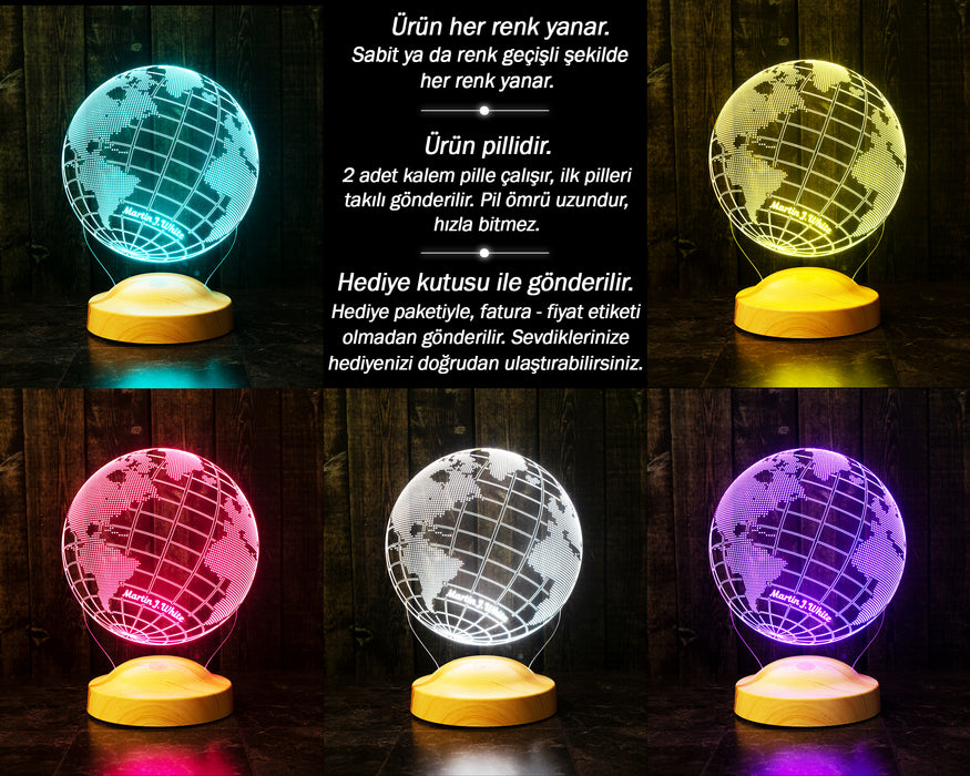 Kişiye Özel Dünya Haritası Figürlü 3D Led Gece Lambası, 3 Boyutlu Küre Dünya Haritası Led Lamba