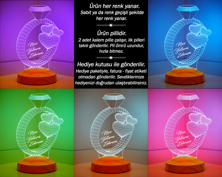 Sevgiliye Hediye 3 Boyutlu Yüzük Ve Kalpler Led Lamba