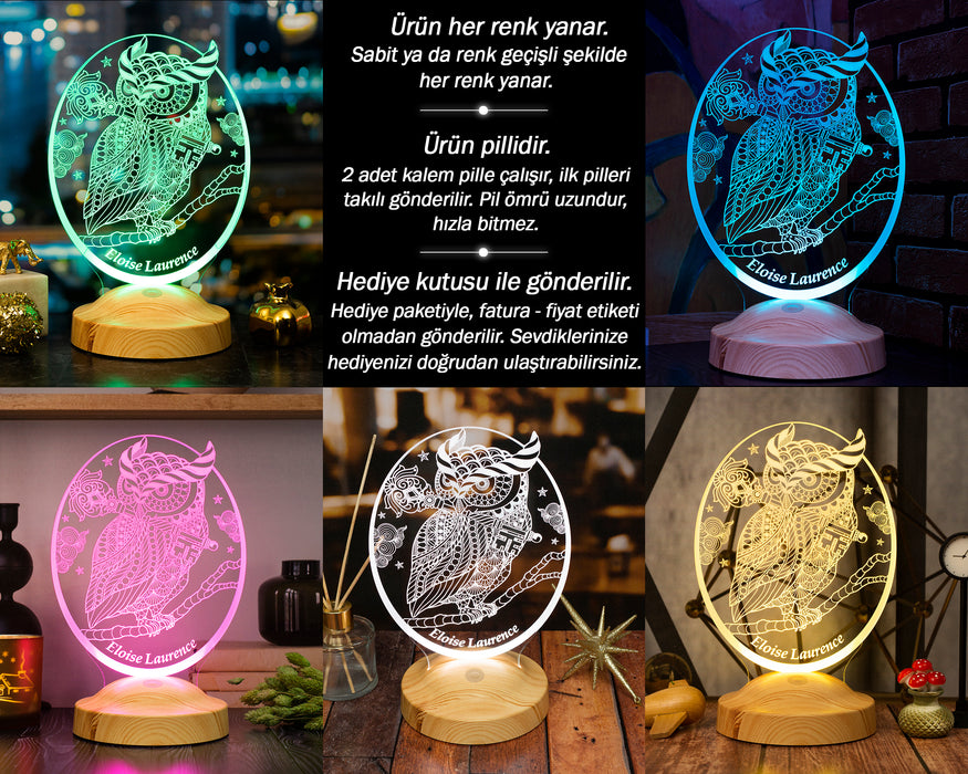 Baykuş Tasarımlı Kişiye Özel 3D LED Gece Lambası Hediye Seçeneği