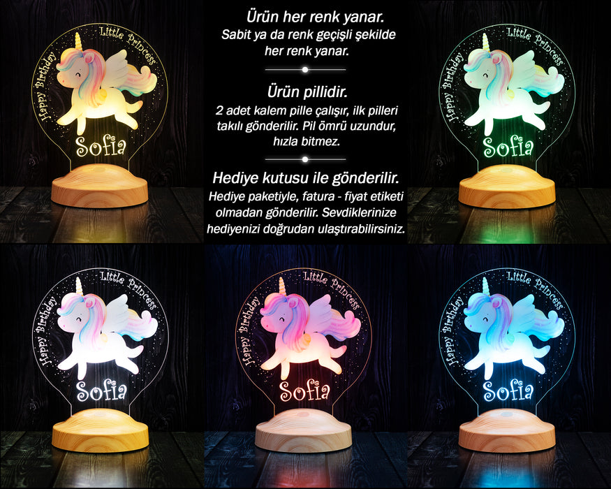 Unicorn Renkli Tek Boynuzlu At İsimli Kız Çocuk Odası Hediyesi Led Lamba, Unicorn Doğum Günü Parti Hediyesi