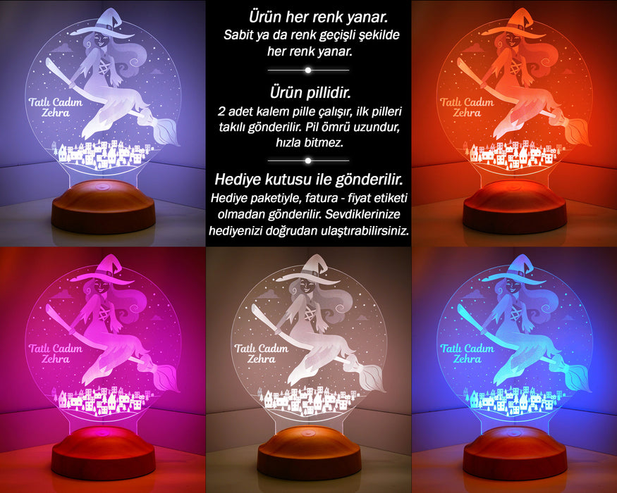 Cadılar Bayramı Temalı Kişiye Özel Tatlı Cadı Gecelambası, Masaüstü 3D Led Lamba,  Halloween Işıklı Dekoratif Lamba
