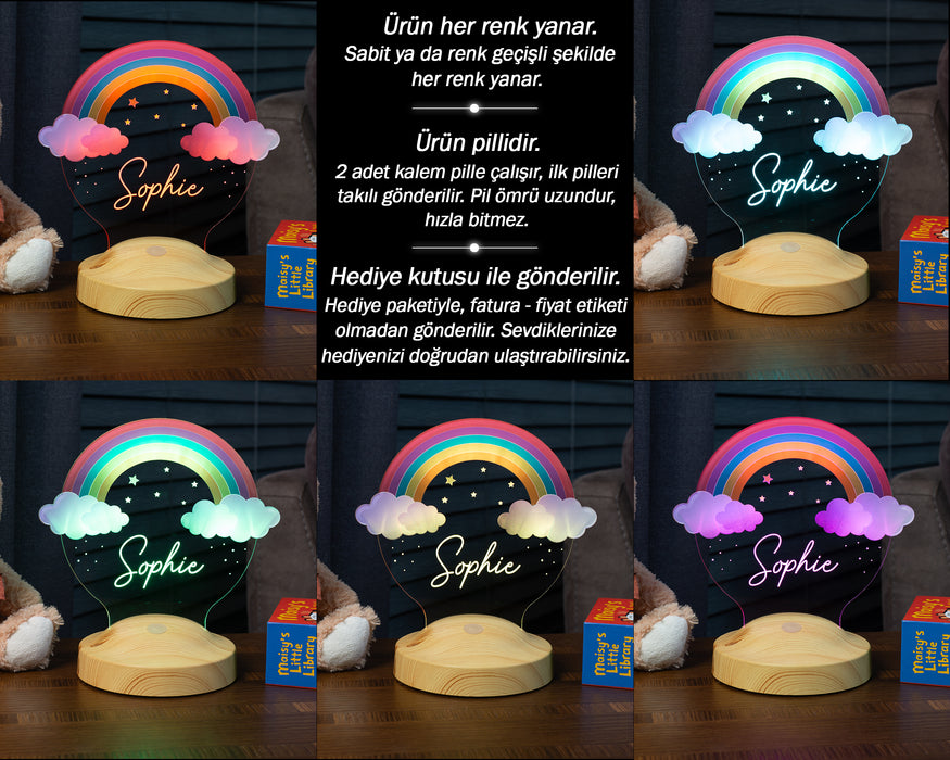 İsme Özel Gökkuşağı Tasarımlı Renkli Lamba – Kız Çocuk Hediyesi