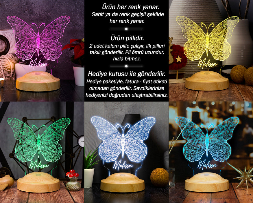 Kelebek Desenli 3D LED Gece Lambası – Kişiye Özel Hediye