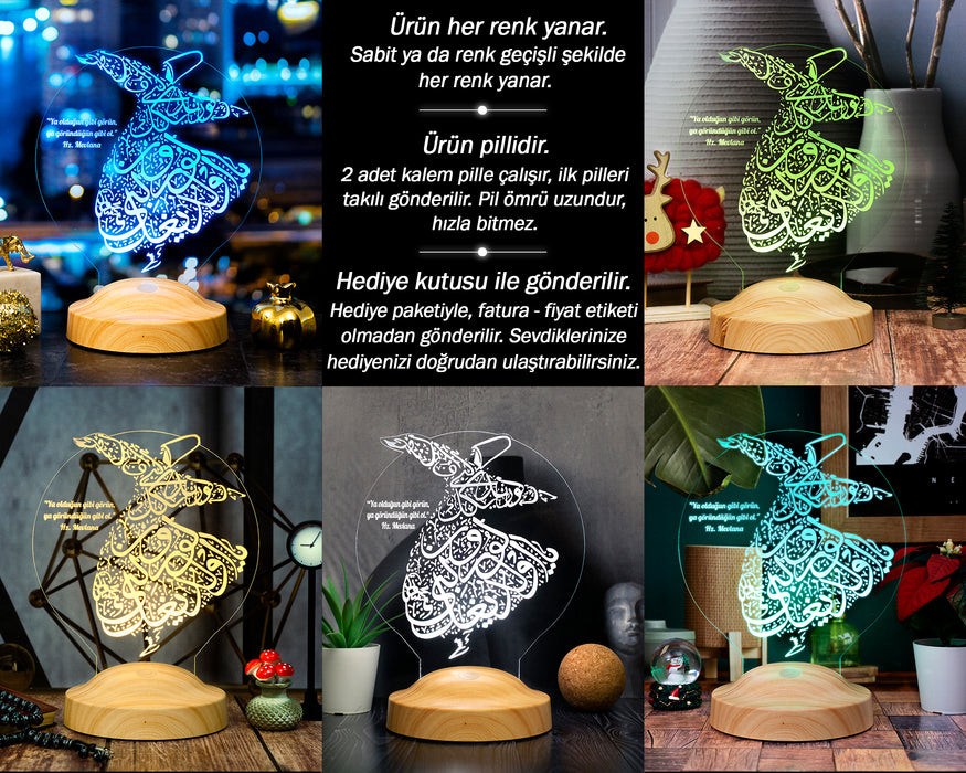 Semazen Figürlü Mevlana Sözlü 3D Lamba – Manevi Hediye Seçeneği