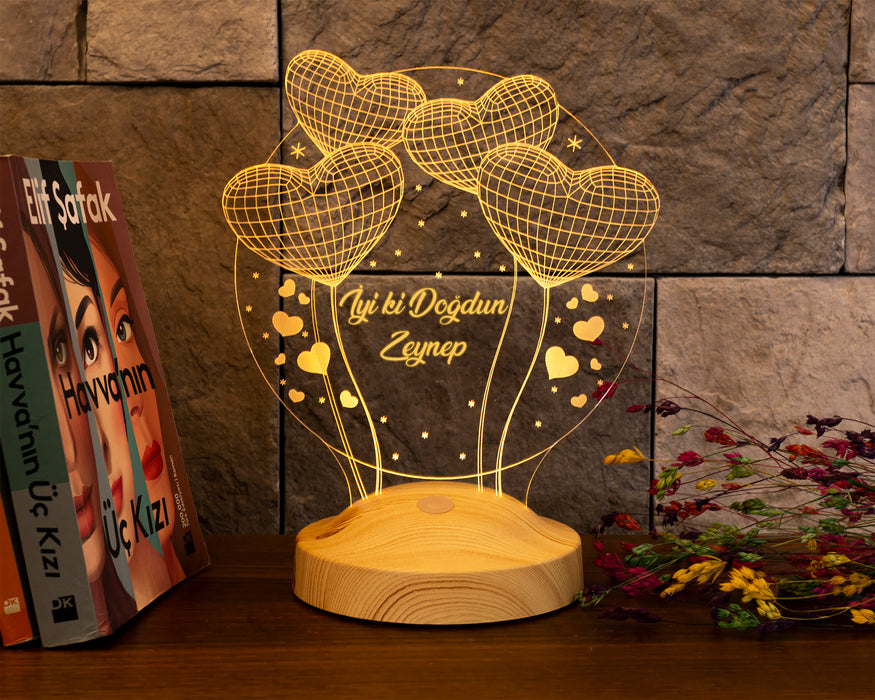 İsimli Doğum Günü Hediyesi, Sevgiliye, Arkadaşa Doğum Günü Hediyesi, Balon Kalpler Kişiye Özel 3D Led Lamba