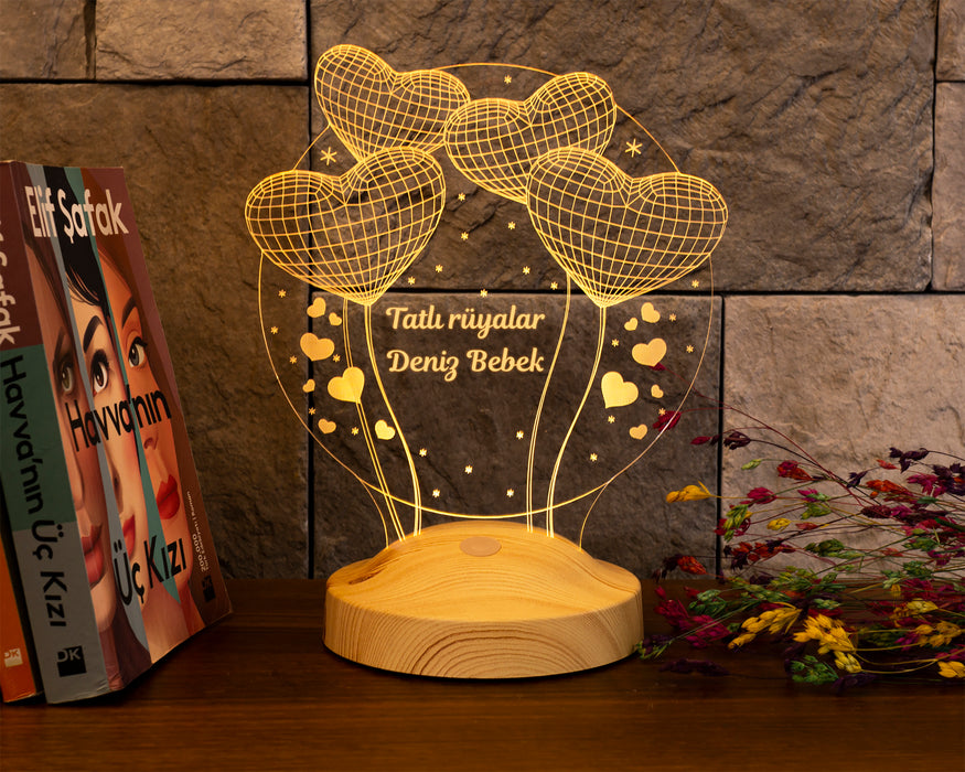 Çocuk Odası Hediyesi Balon Kalpler Kişiye Özel 3 Boyutlu Led Lamba