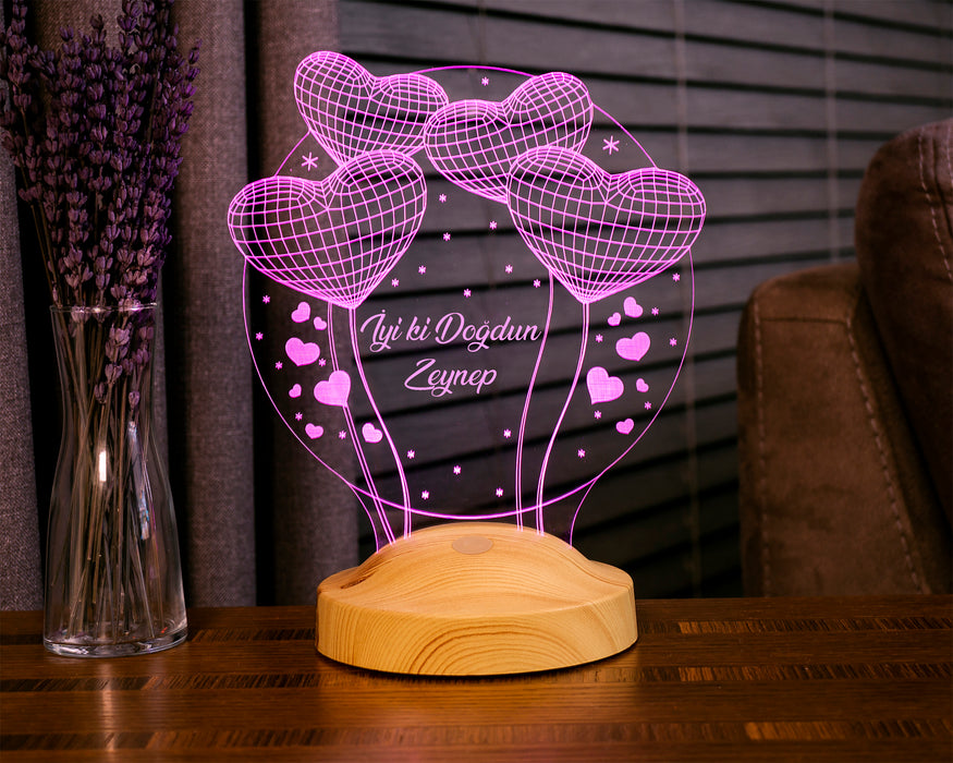 İsimli Doğum Günü Hediyesi, Sevgiliye, Arkadaşa Doğum Günü Hediyesi, Balon Kalpler Kişiye Özel 3D Led Lamba