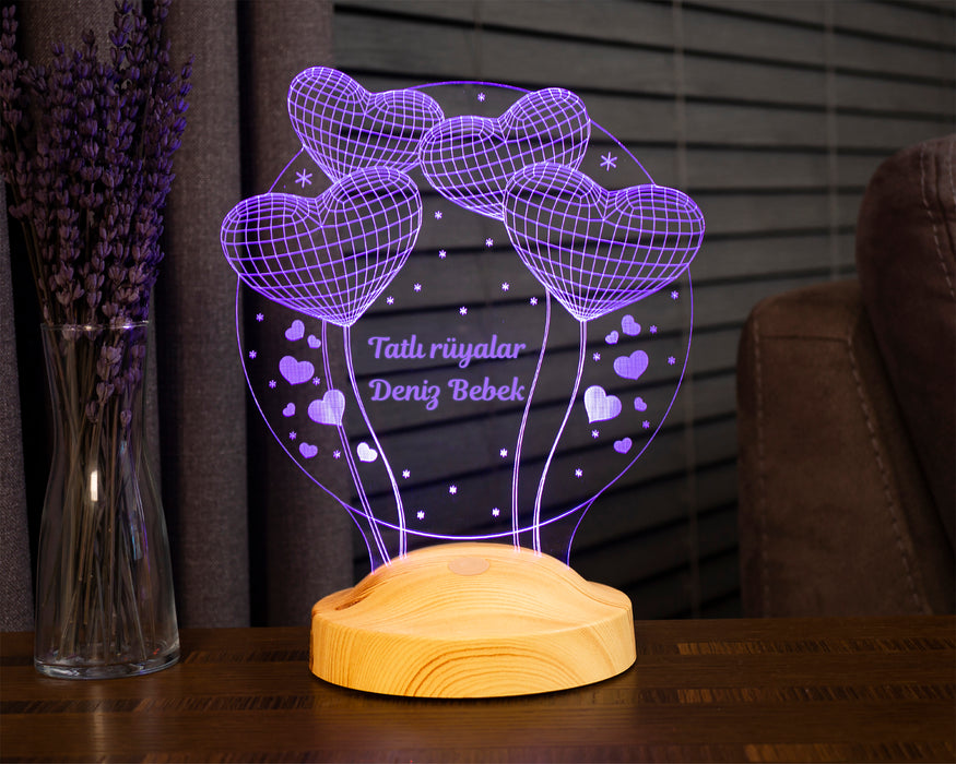 Çocuk Odası Hediyesi Balon Kalpler Kişiye Özel 3 Boyutlu Led Lamba