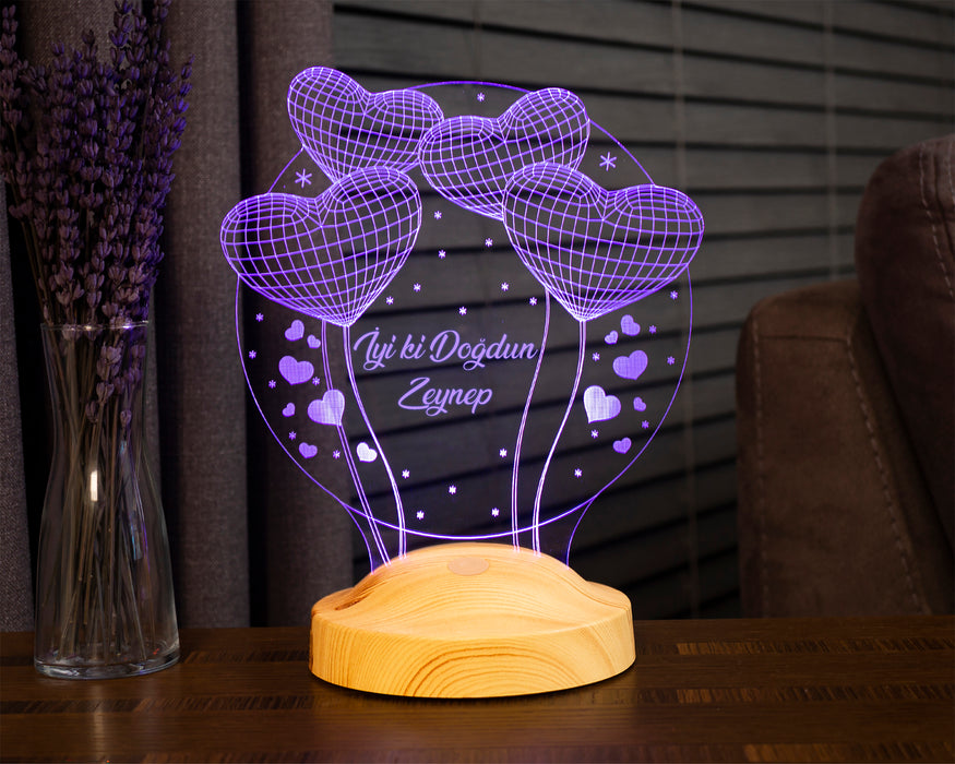 İsimli Doğum Günü Hediyesi, Sevgiliye, Arkadaşa Doğum Günü Hediyesi, Balon Kalpler Kişiye Özel 3D Led Lamba