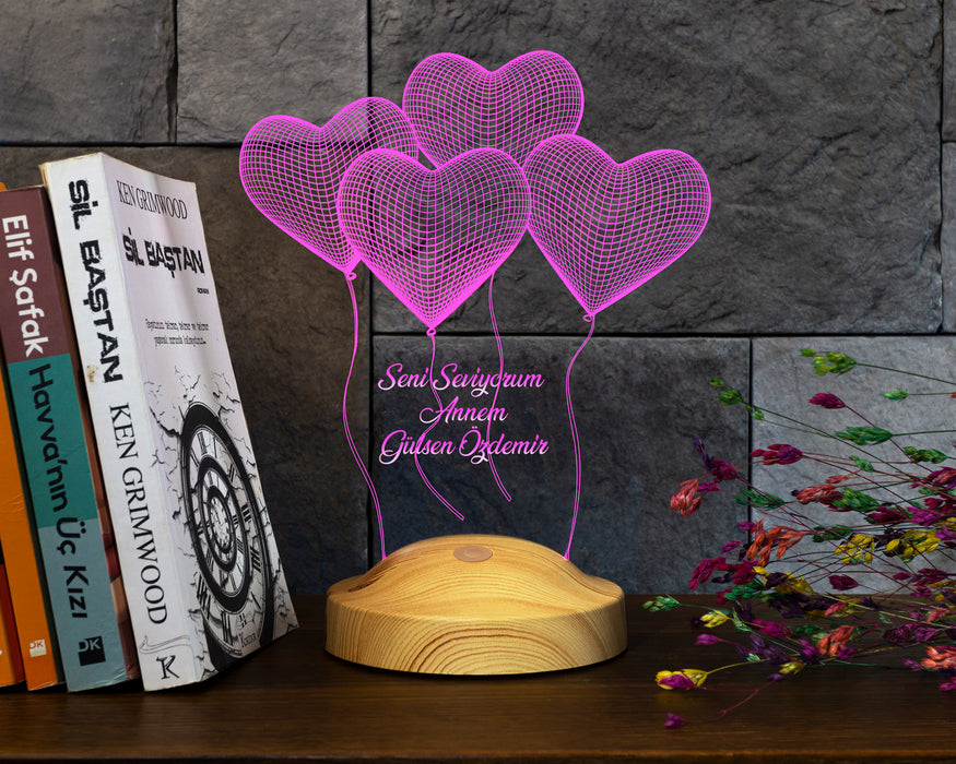 Annelere Hediye Uçan Kalpler, Anneler Günü Hediyesi Kişiye Özel 3D Led Lamba