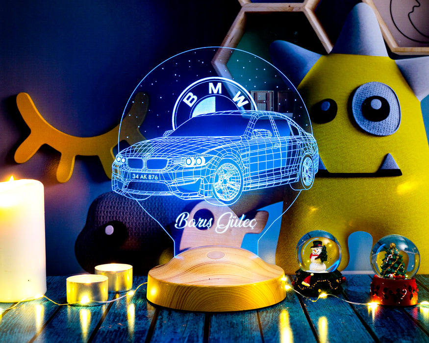 BMW Logolu İsimli Led Lamba, Araba Hayranlarına Hediye, Doğum Günü Hediyesi, Kişiye Özel Hediye 3D Led Lamba