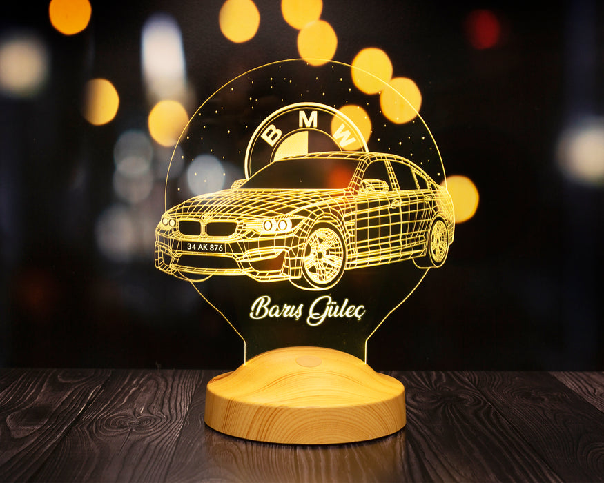 BMW Logolu İsimli Led Lamba, Araba Hayranlarına Hediye, Doğum Günü Hediyesi, Kişiye Özel Hediye 3D Led Lamba