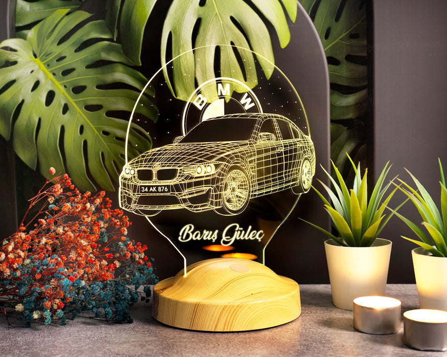 BMW Logolu İsimli Led Lamba, Araba Hayranlarına Hediye, Doğum Günü Hediyesi, Kişiye Özel Hediye 3D Led Lamba