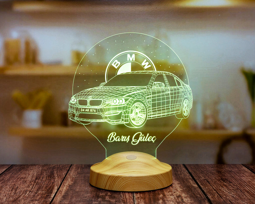 BMW Logolu İsimli Led Lamba, Araba Hayranlarına Hediye, Doğum Günü Hediyesi, Kişiye Özel Hediye 3D Led Lamba