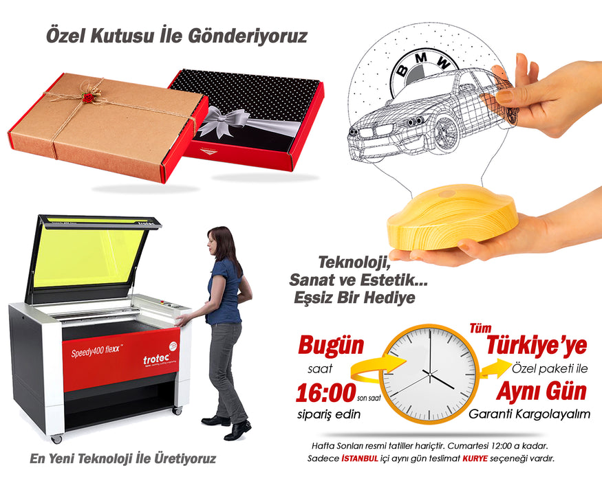 BMW Logolu İsimli Led Lamba, Araba Hayranlarına Hediye, Doğum Günü Hediyesi, Kişiye Özel Hediye 3D Led Lamba