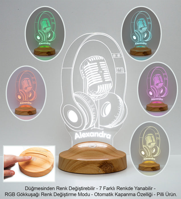 Müzik ve DJ Temalı LED Lamba – Kulaklık & Mikrofon Figürlü Hediye