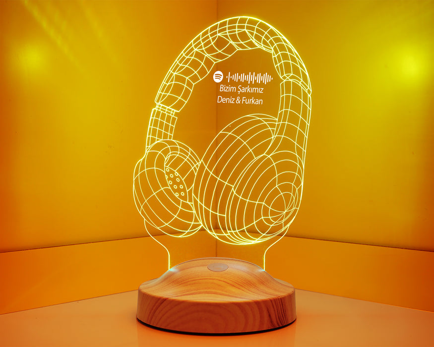 Doğum Günü Hediyesi Spotify Barkod Paylaşımlı Kulaklık Şeklinde Kişiye Özel 3D LED Lamba