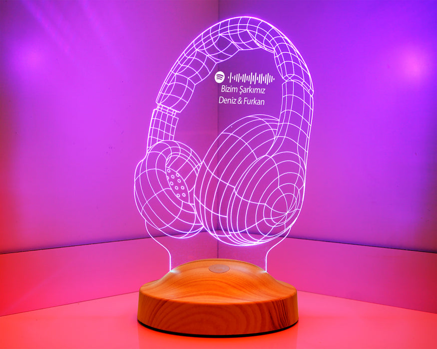 Doğum Günü Hediyesi Spotify Barkod Paylaşımlı Kulaklık Şeklinde Kişiye Özel 3D LED Lamba